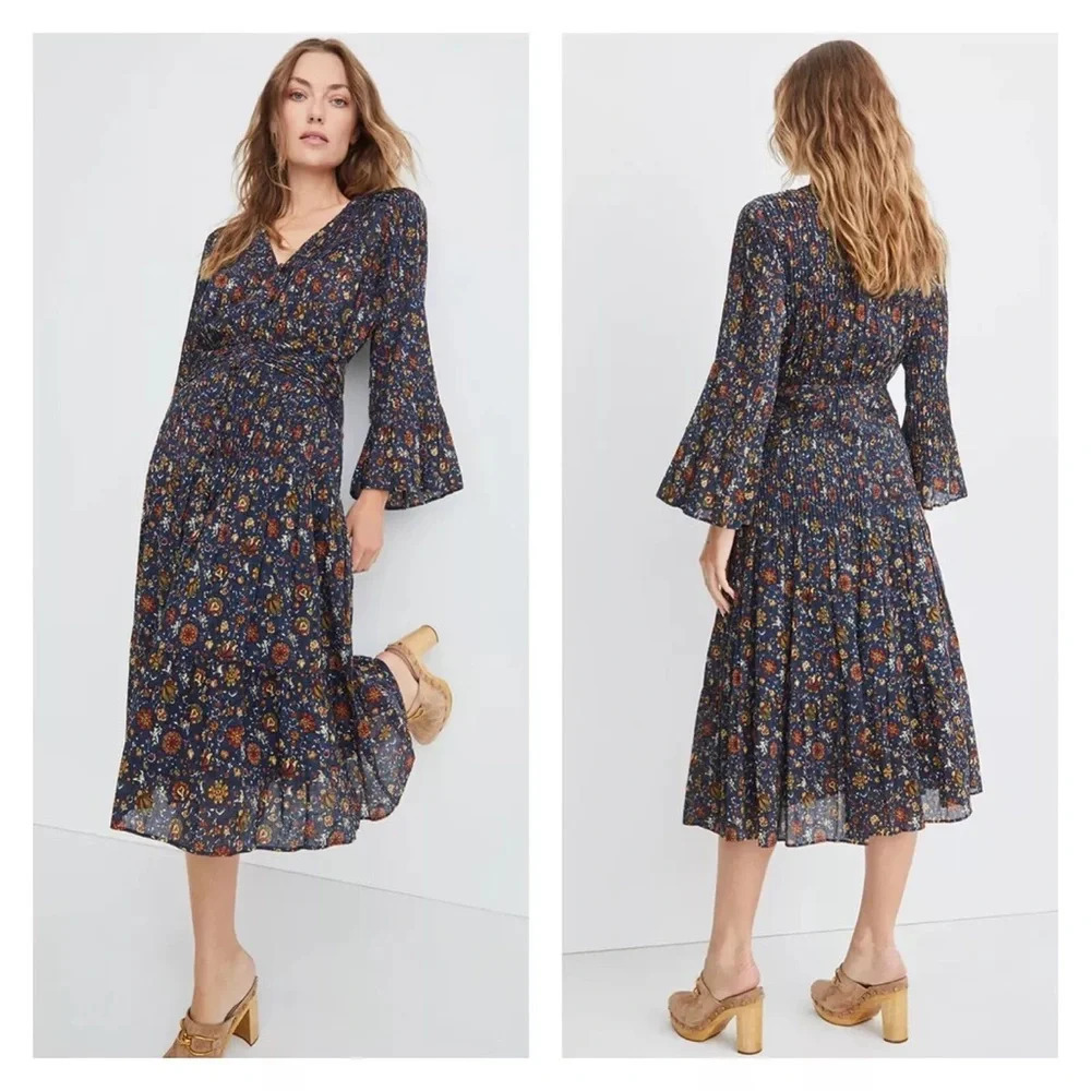 Veronica Beard Shireen Dress Ink Multi Vine Floral Long Sleeve Cotton‎ Midi 2